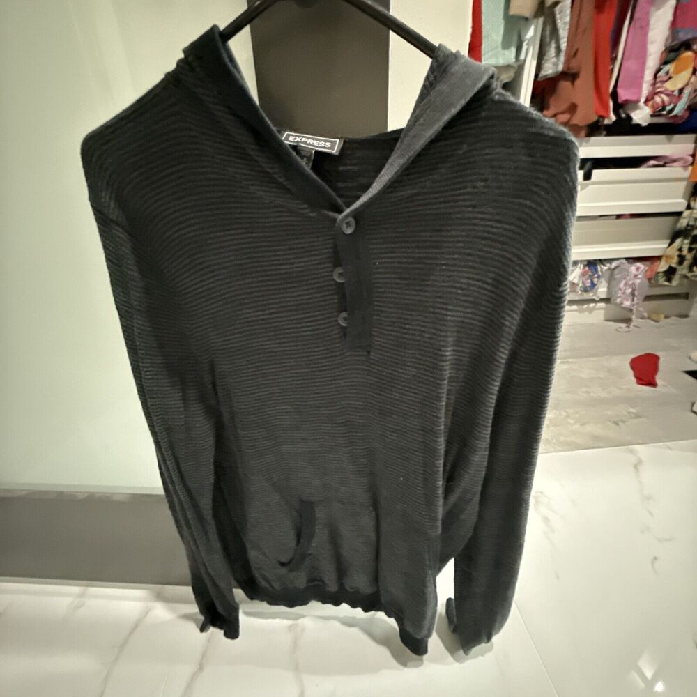 Express Hoodie Sweater Men M Blue Long Sleeve Soft Waffle Knit Polyester Stretch